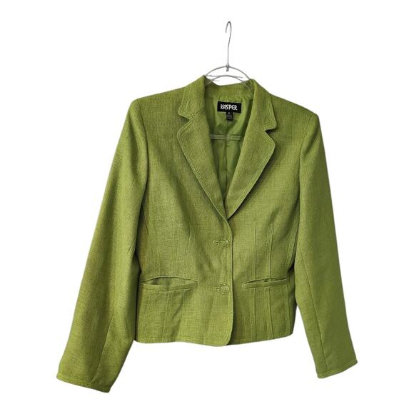 Kasper Womens Size 8 Lime Green Blazer Short Pockets Top Stitch 2-Button READ - Picture 1 of 9